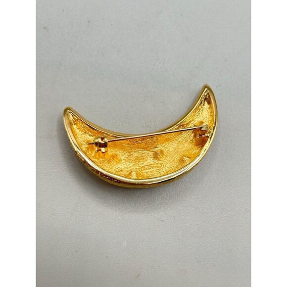 Vintage Christian Dior Moon Brooch Textured Gold Tone Crystals Crescent Moon - Picture 5 of 7